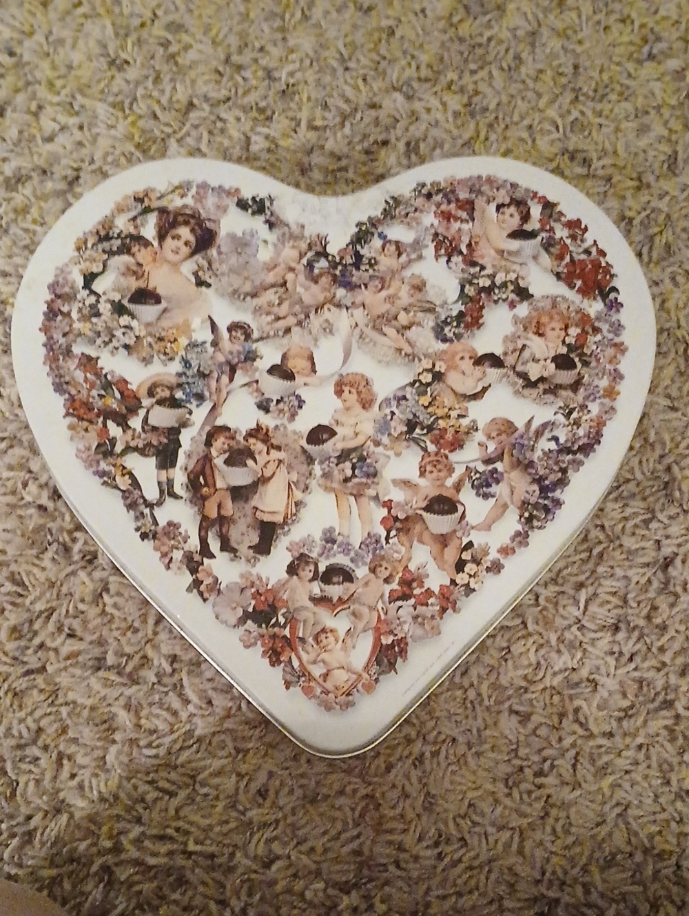Heart-Shaped Victorian Cherub Art Tin - White with Multicolor Motif